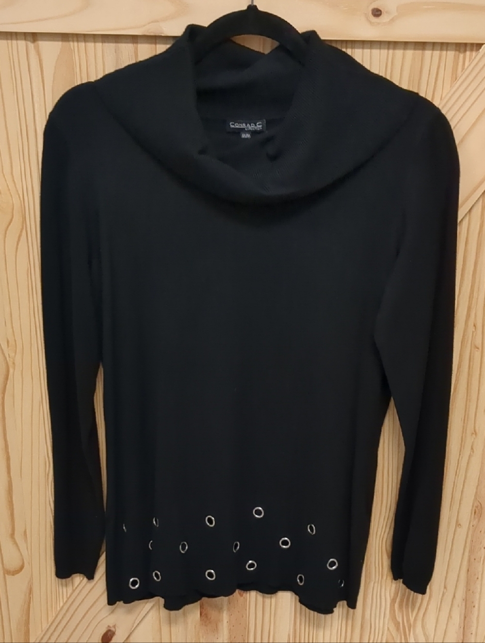 Women's Black Cowl Neck Sweater with Eyelet Hem